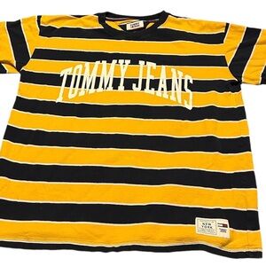 Tommy Jeans Mens Yellow Blue Striped Short Sleeve Shirt Sz Large  Dated 11/17